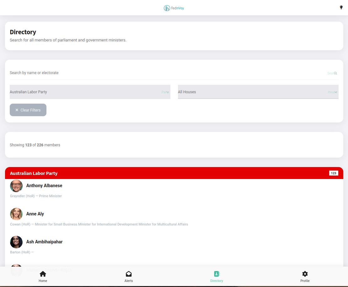 FednVoy government directory search for Australian ministers and MPs