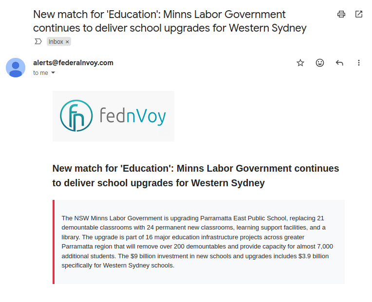 FednVoy email alerts dashboard showing real-time Australian political notifications